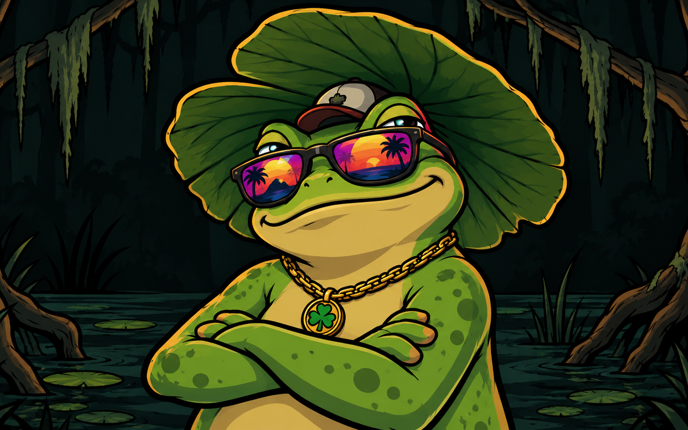 Bong Frog with crossed arms, lily-pad hat, mirrored rainbow sunglasses, and gold necklace in the dark swamp