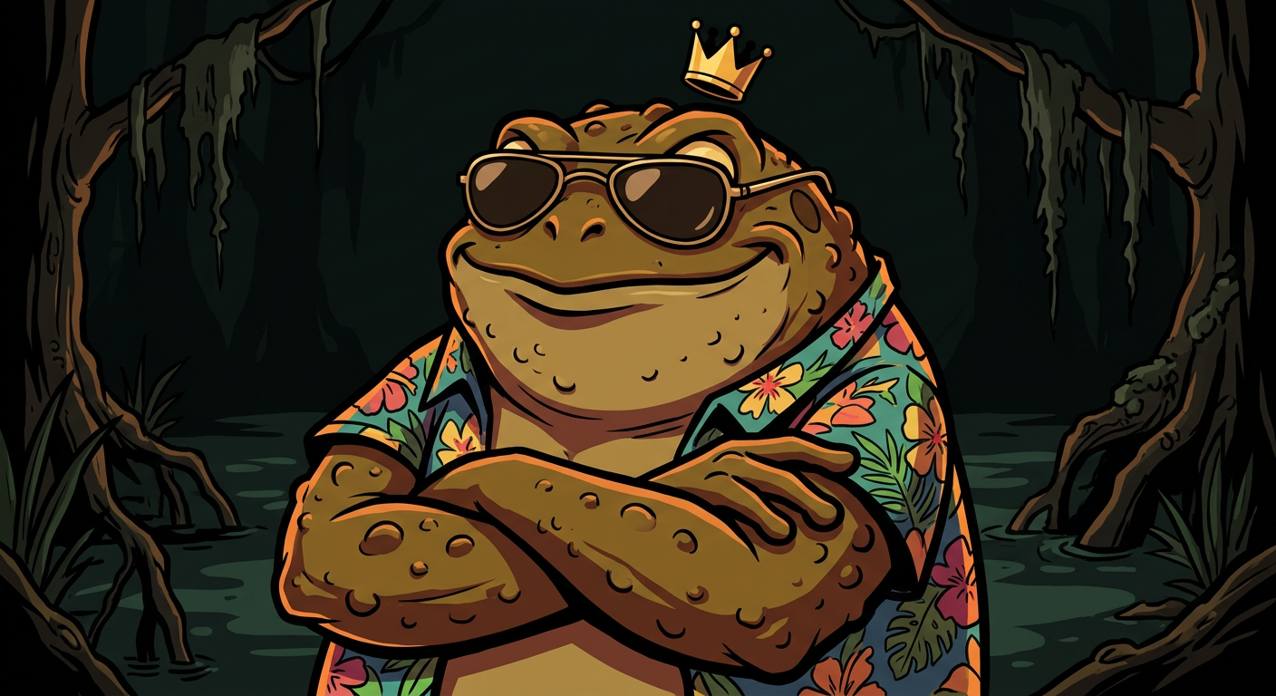 Daddy Toad, a smug brown toad in sunglasses, a Hawaiian shirt and a tiny crown, arms crossed